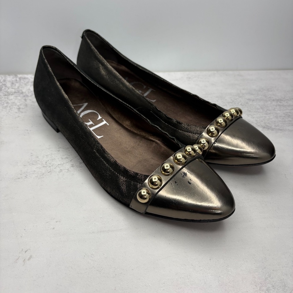 AGL Attilio Giusti Leombruni Ballet Flats 38.5 Bronze Metallic Gold Studs Luxuxy